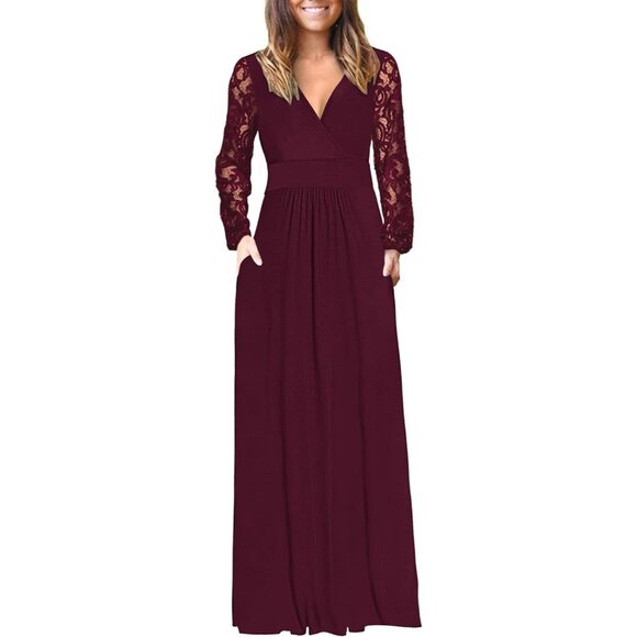 ⚡Women’s Fall Maxi Dress 2025 Lace Long Sleeve V Neck Wrap Dress with Pockets - Picture 1 of 4